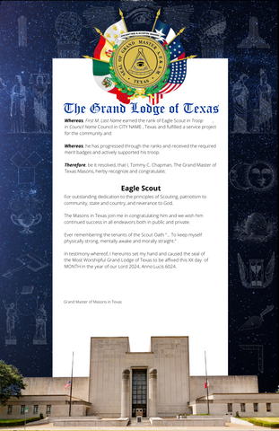 Grand Lodge of Texas Eagle Scout Proclamation Certificate and Pin (Fill Out Information Below)