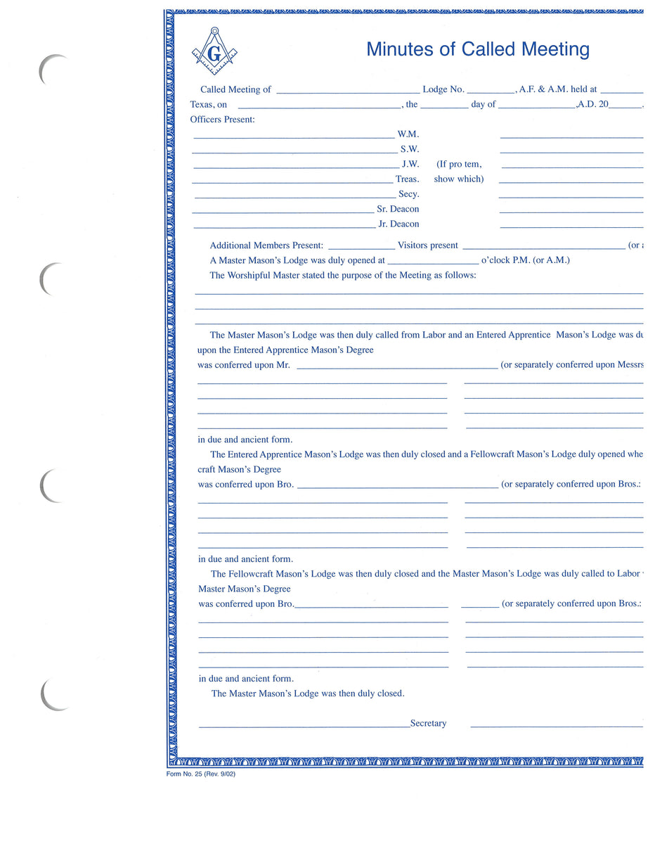 Form 25- Minutes of Called Meetings – The Grand Lodge of Texas