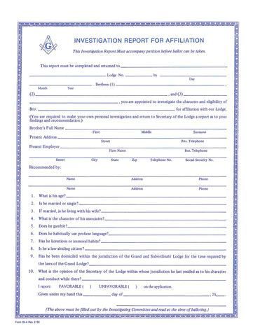 Form 39-A- Investigation Report for Affiliation by Certificate of Good Standing