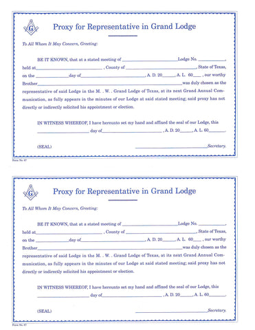 Form 67- Proxy for Representative in Grand Lodge