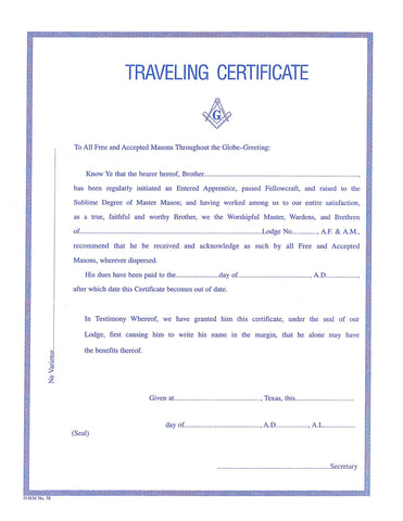 Form 58- Traveling Certificate (Fill Out Information Below)