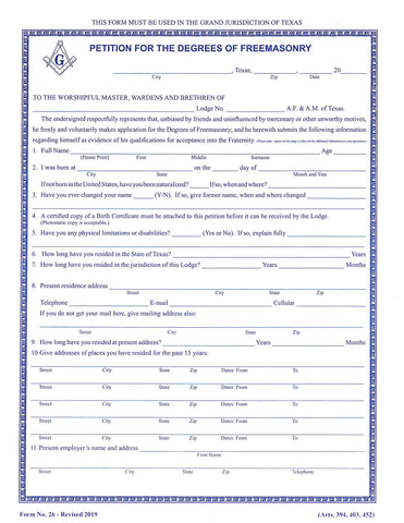 Form 26- Petition for the Mysteries of Freemasonry