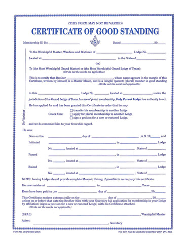 Form 38- Certificate of Good Standing