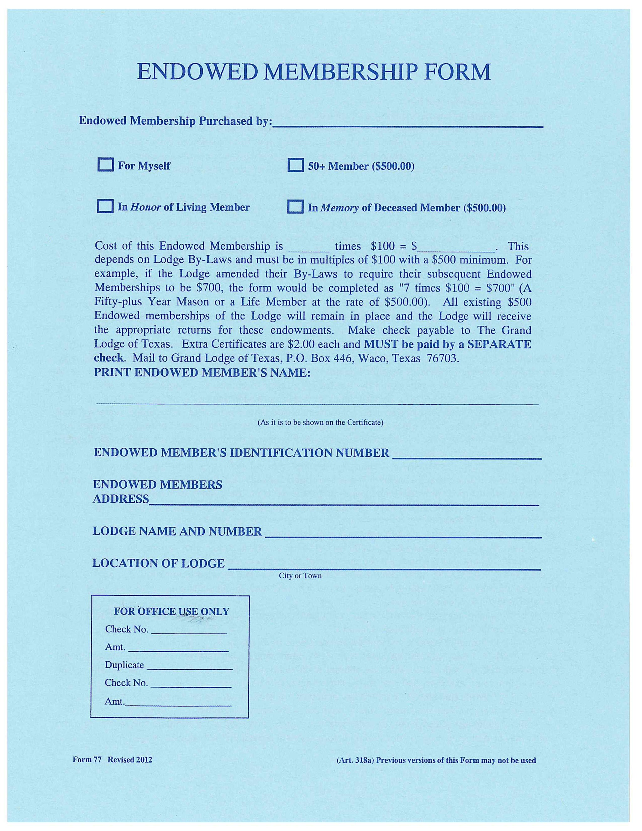 Form 77- Endowed Member Application – The Grand Lodge of Texas