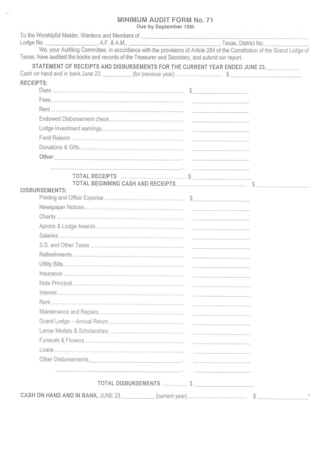 Form 71- Minimum Audit Form – The Grand Lodge of Texas