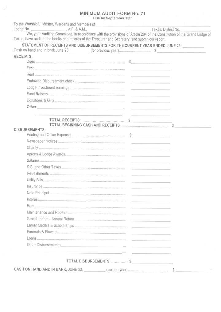 Form 71- Minimum Audit Form – The Grand Lodge of Texas