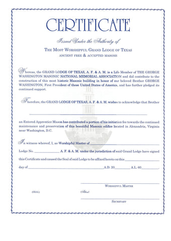 Form 29-A- Certificate to the George Washington Masonic National Memorial