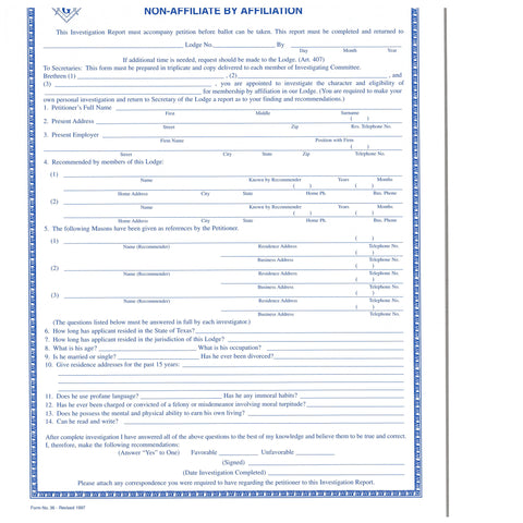 Form 36- Investigation Report for Membership of Non-Affiliated by Affiliation