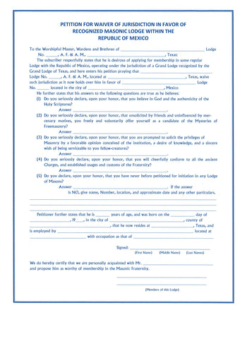 Form 70- Petition and certificate of Waiver in Favor of Lodge in Republic of Mexico, with Committee Report
