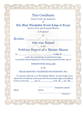 Form 29- Certificate for $25 Donation to Texas Masonic Charities Foundation