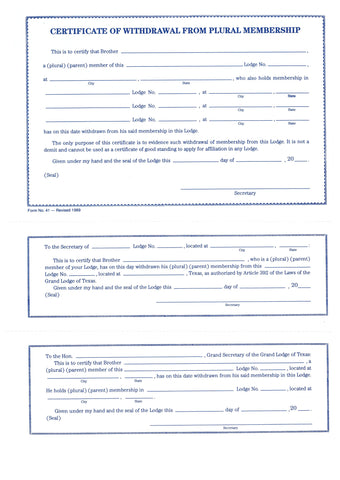 Form 41- Certificate of Withdrawal form Plural Membership